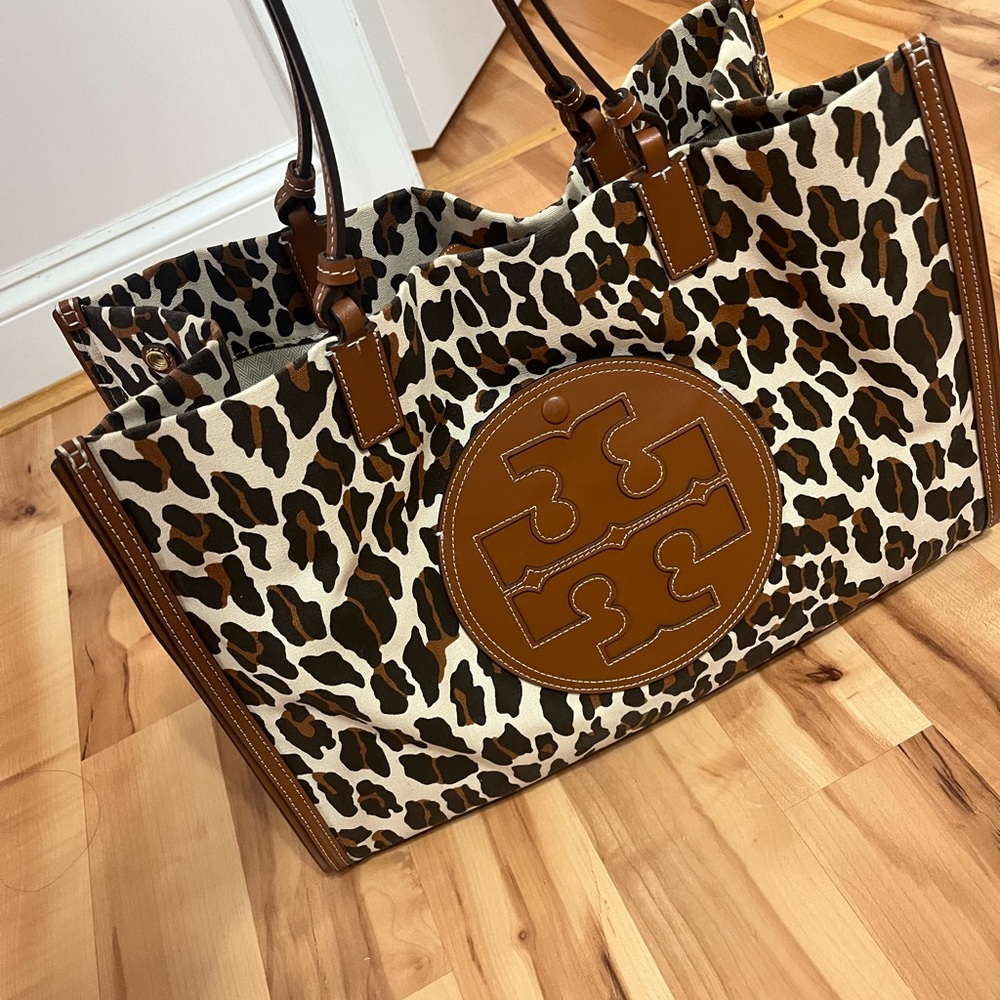 Tory Burch Leopard Print Canvas Tote with Brown Leather Trim - Picture 4 of 9
